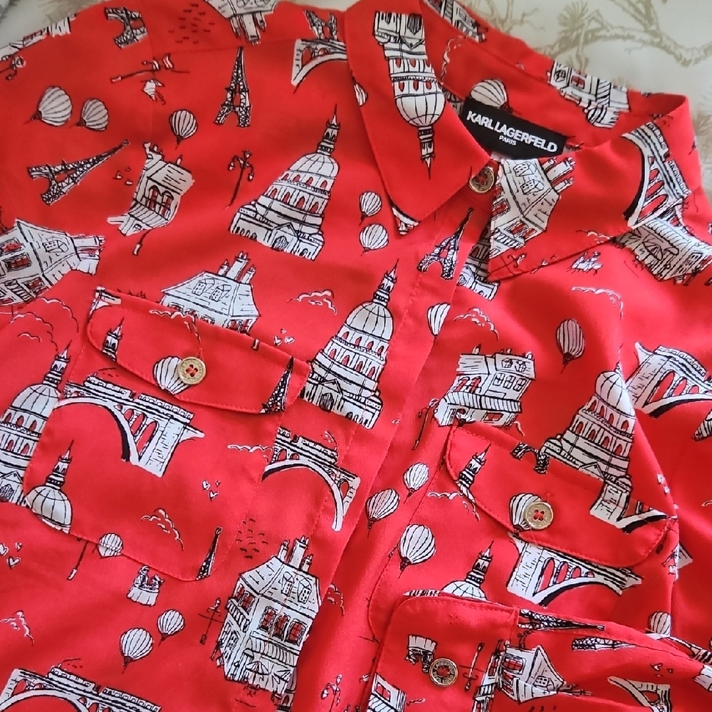 Karl Lagerfeld Red and White Architectural Print Blouse - Picture 4 of 4